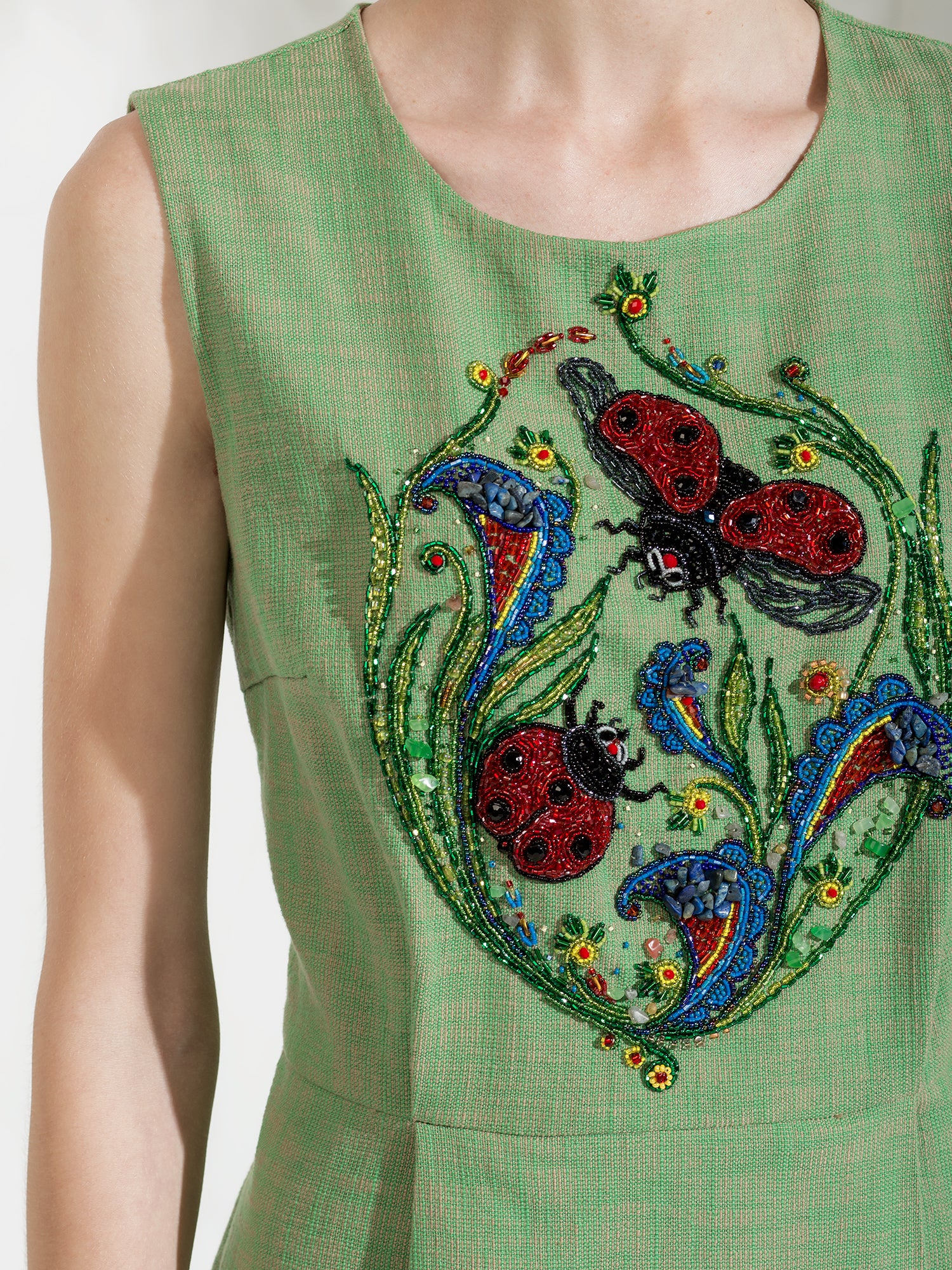 Ladybug Cotton-Linen Dress with Hand Embroidery