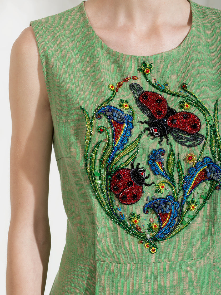 Ladybug Cotton-Linen Dress with Hand Embroidery