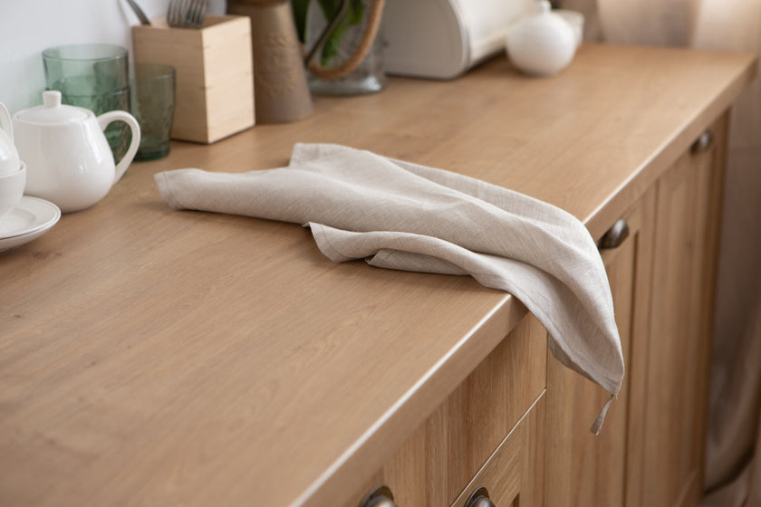 Luxury natural beige linen towel – an elegant and sustainable choice for bath, kitchen, or dining settings.