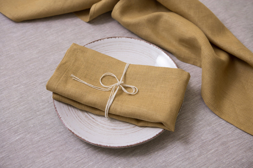 Bring a sense of warmth and elegance to your dining moments with our luxurious and eco-conscious Honey-colored #38 organic linen napkins. Thanksgiving day. Christmas gifts. Table dining decor.