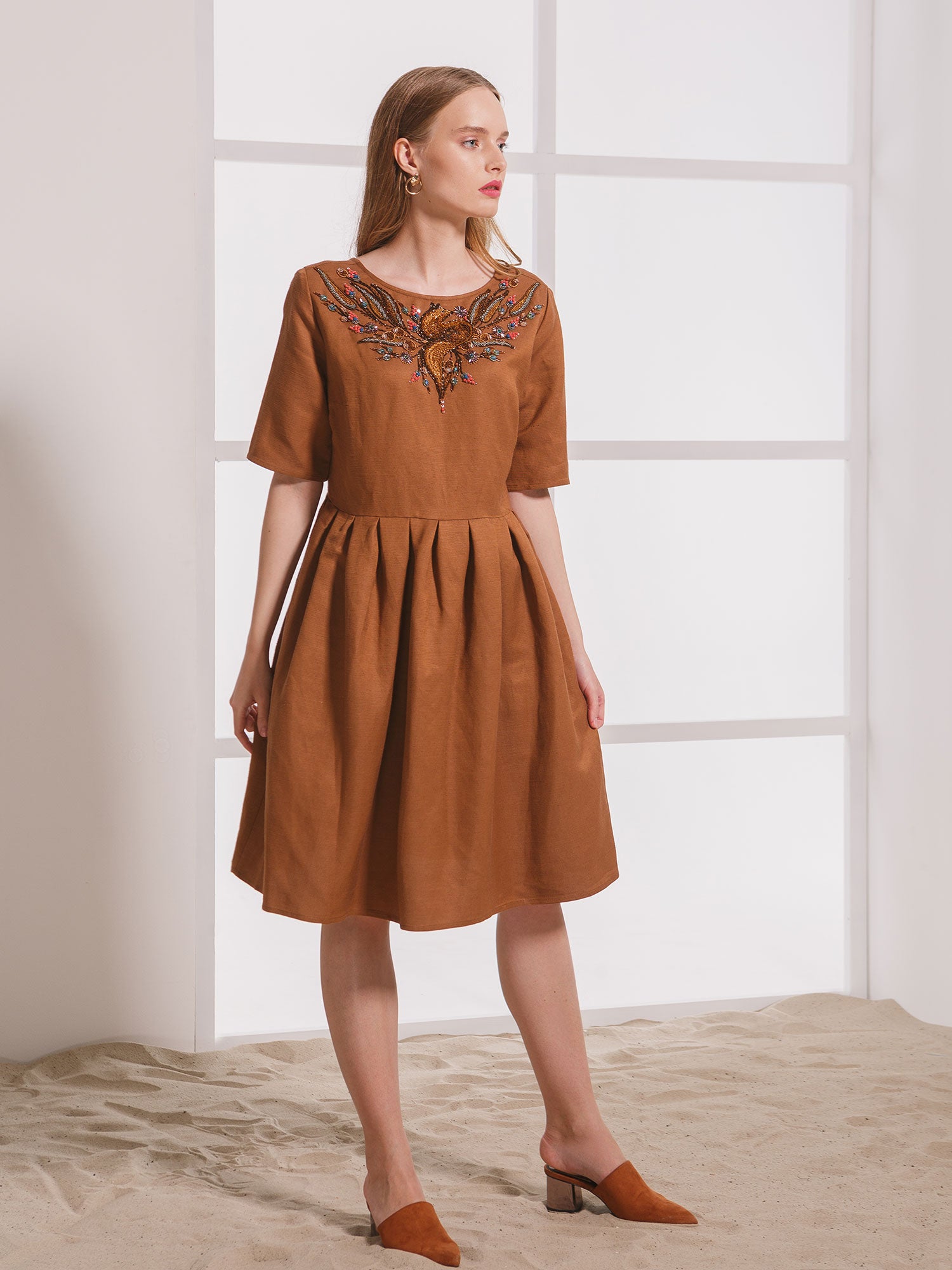 Hand-Embroidered Brown Linen-Silk Dress “Fox” (Exclusive Edition)