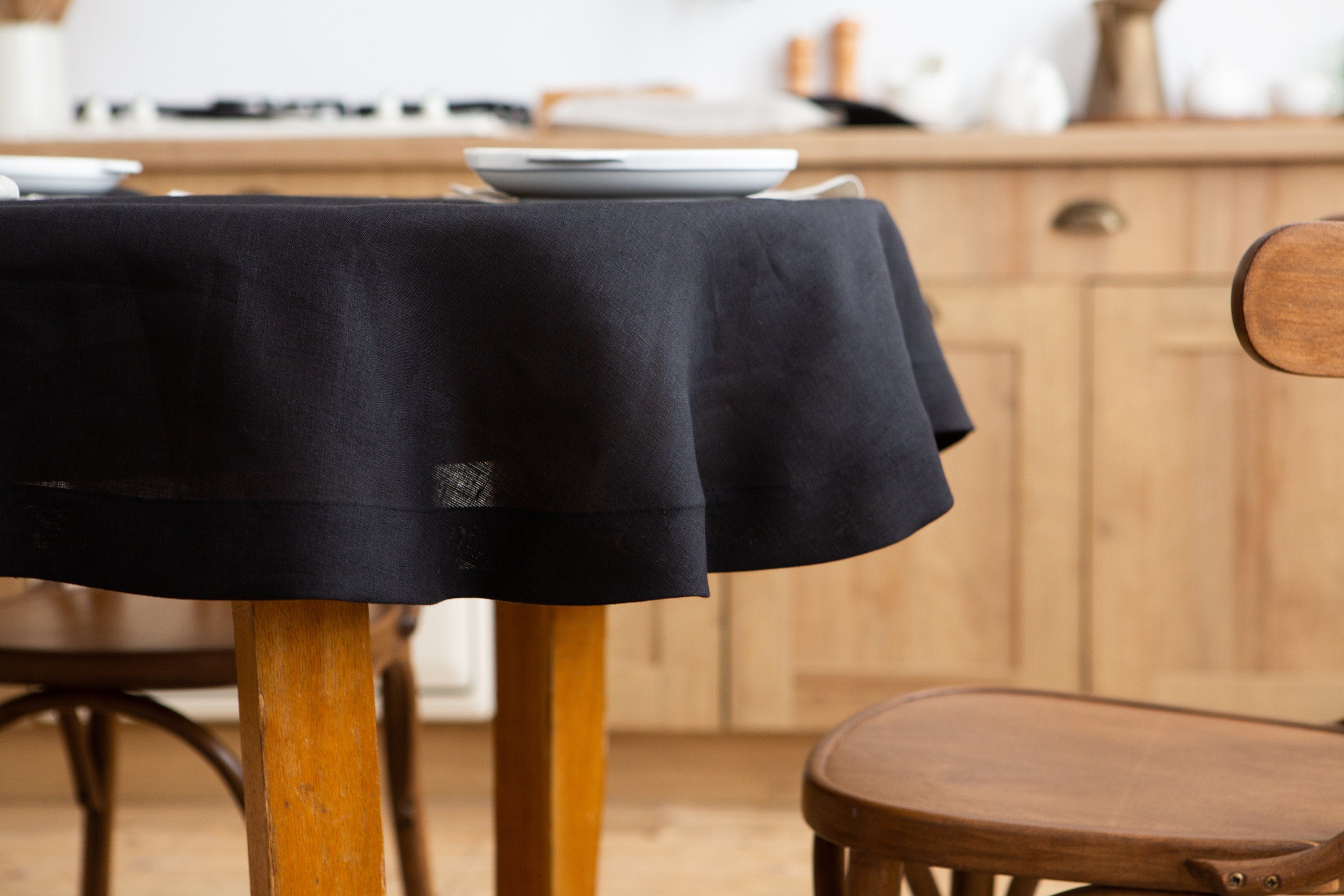 Black linen tablecloth. Organic table linens.