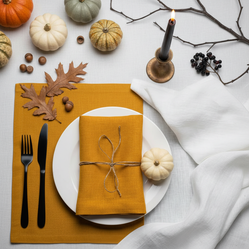 Mustard linen napkin tied with twine on a white plate with a mini white pumpkin, mustard linen placemat and a black candle