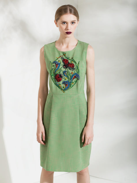 Ladybug Cotton-Linen Dress with Hand Embroidery