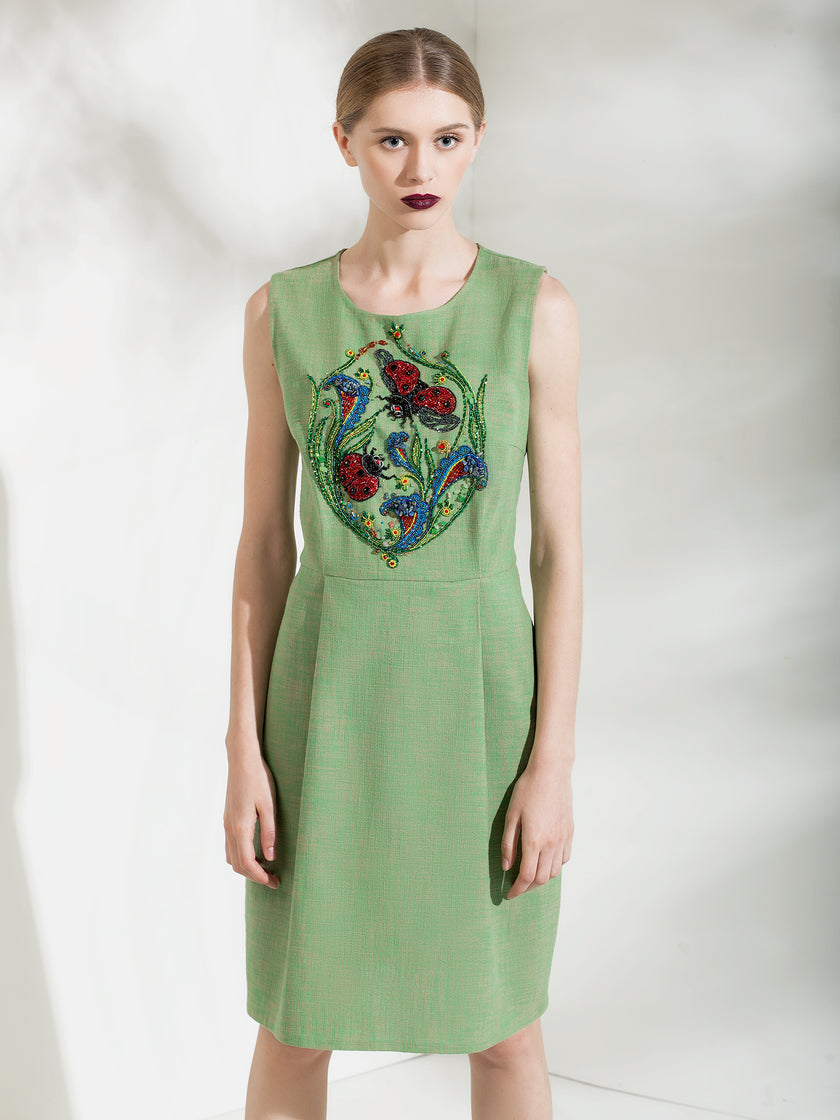 Ladybug Cotton-Linen Dress with Hand Embroidery