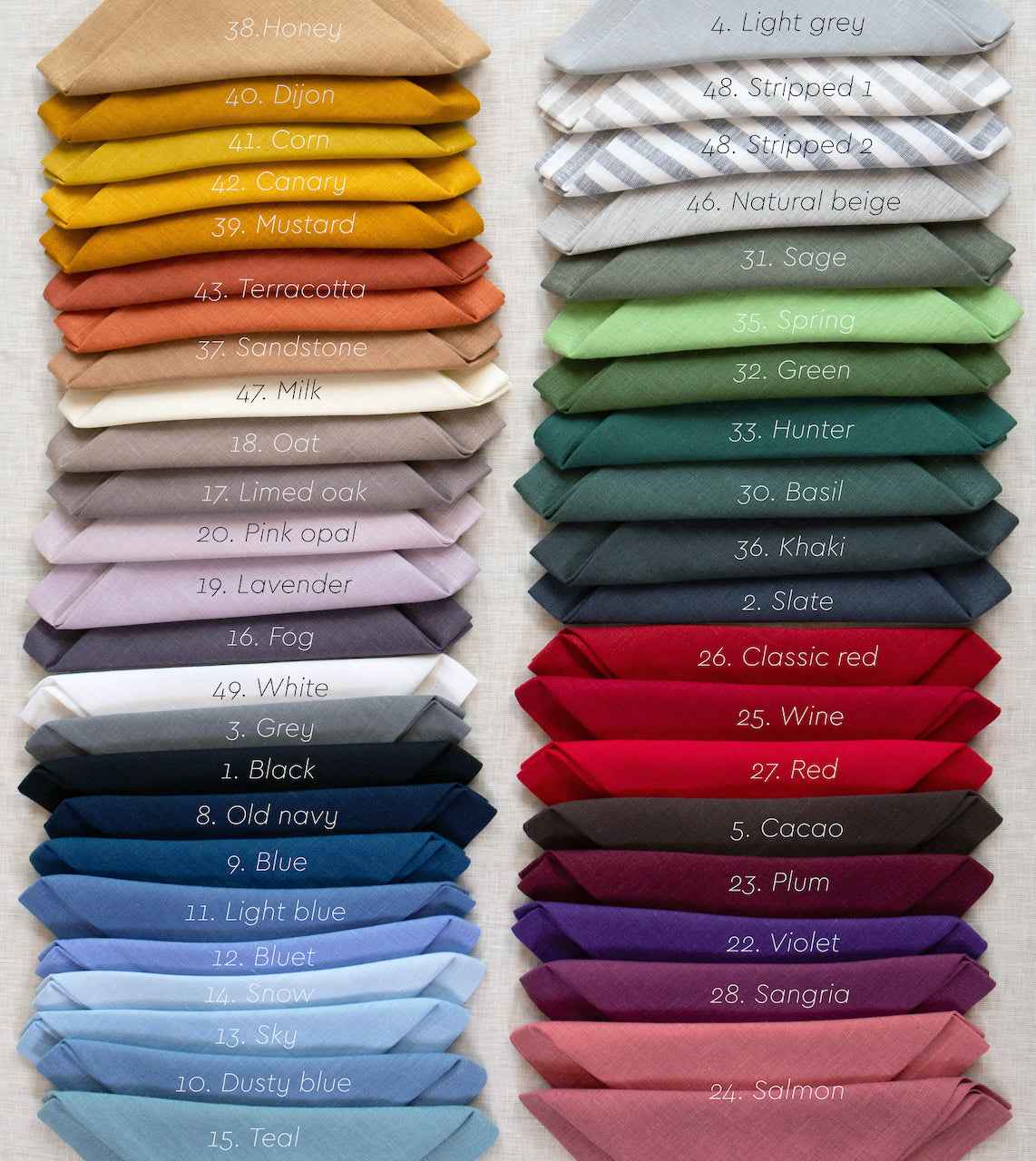 A palette of linen towels in various shades from the organic textile brand Coollinen.