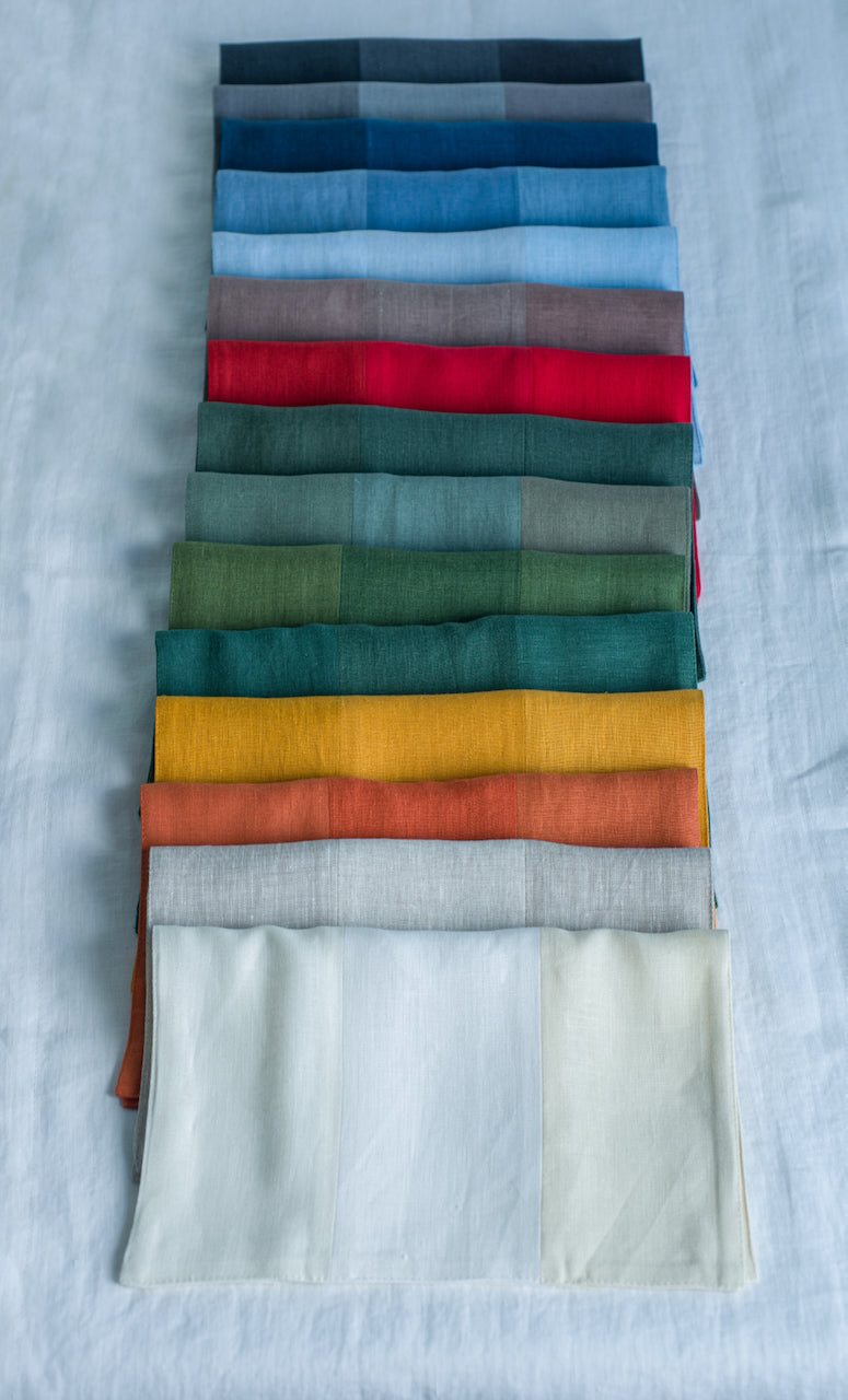 Colorful shade linen placemats made from natural flax, zero-waste table linens for eco-friendly table styling.