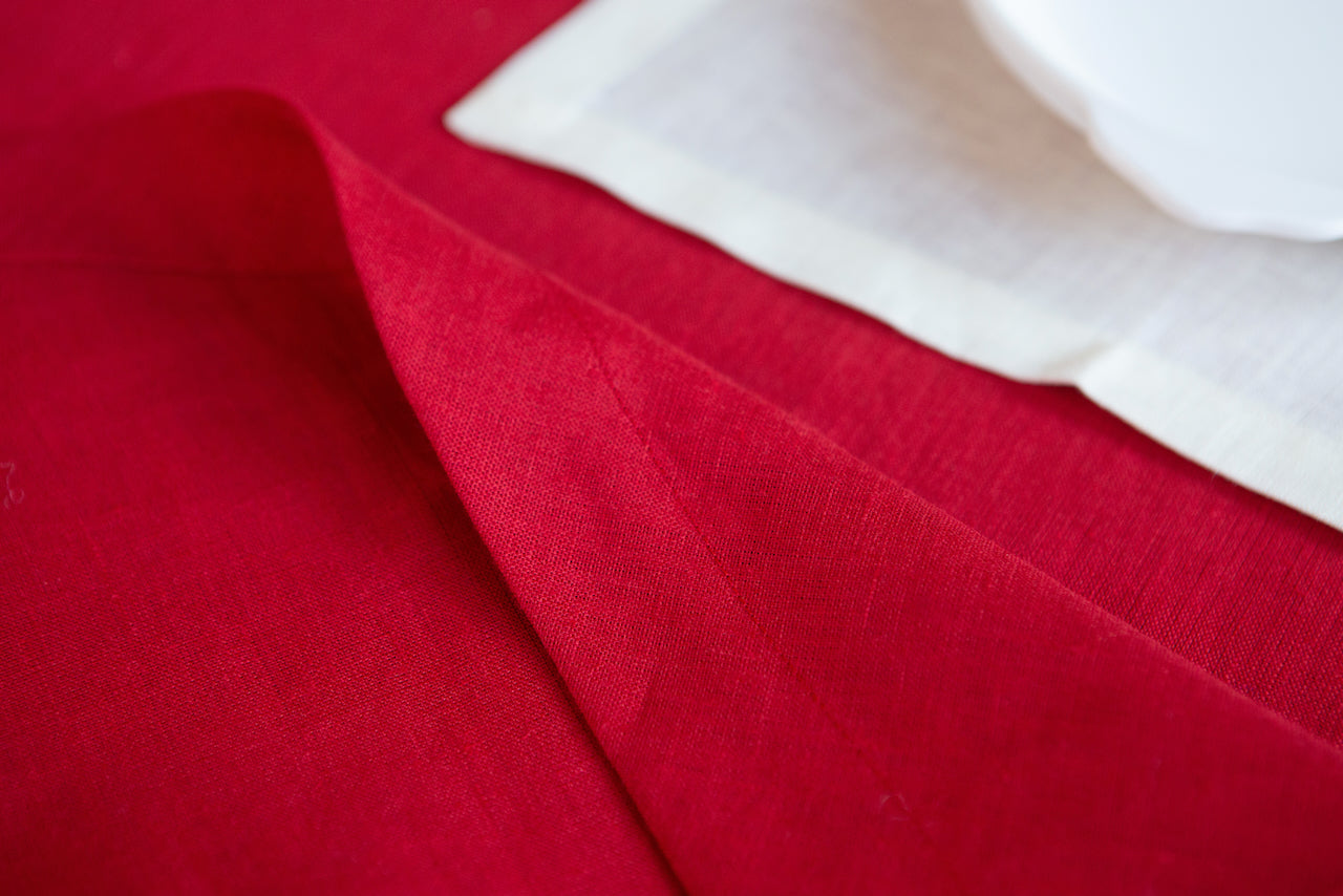 Red round linen table cloth. Custom sizes available.