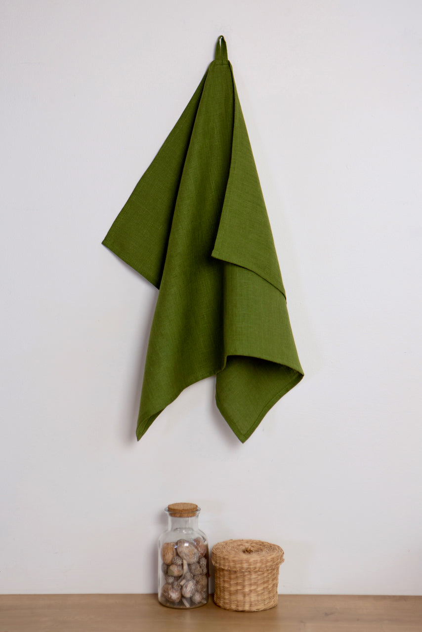 Green natural linen towel. Christmas gift.