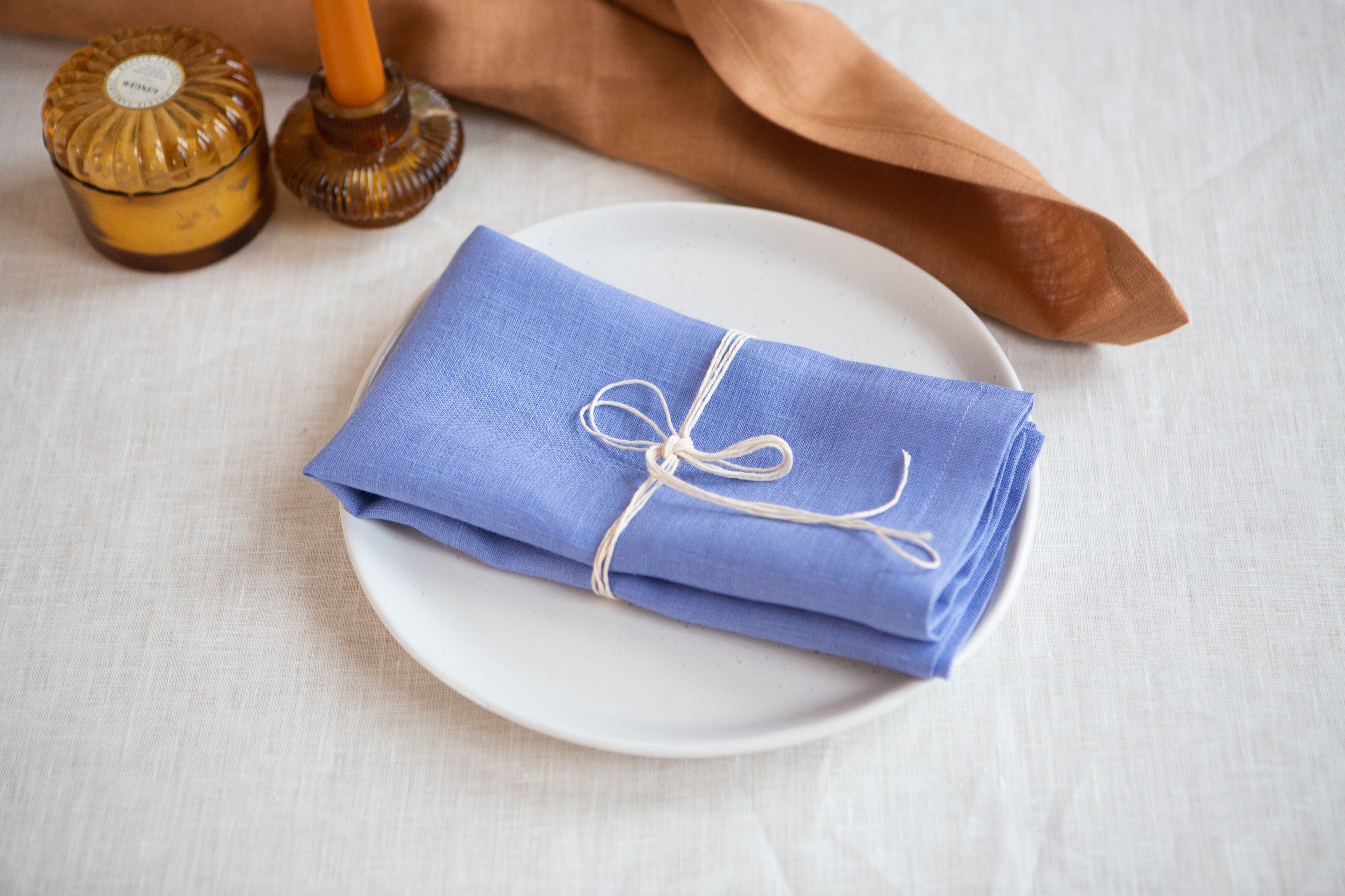 Cornflower blue organic linen napkins: OEKO-TEX certified, zero-waste, and perfect for creating a cozy, natural dining experience. Perfect linen gift.