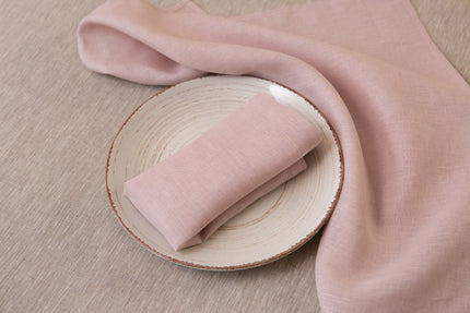 Pink opal organic linen napkins with mitered corners. Elegant, sustainable, and perfect for any dining occasion. Holiday linen decor.