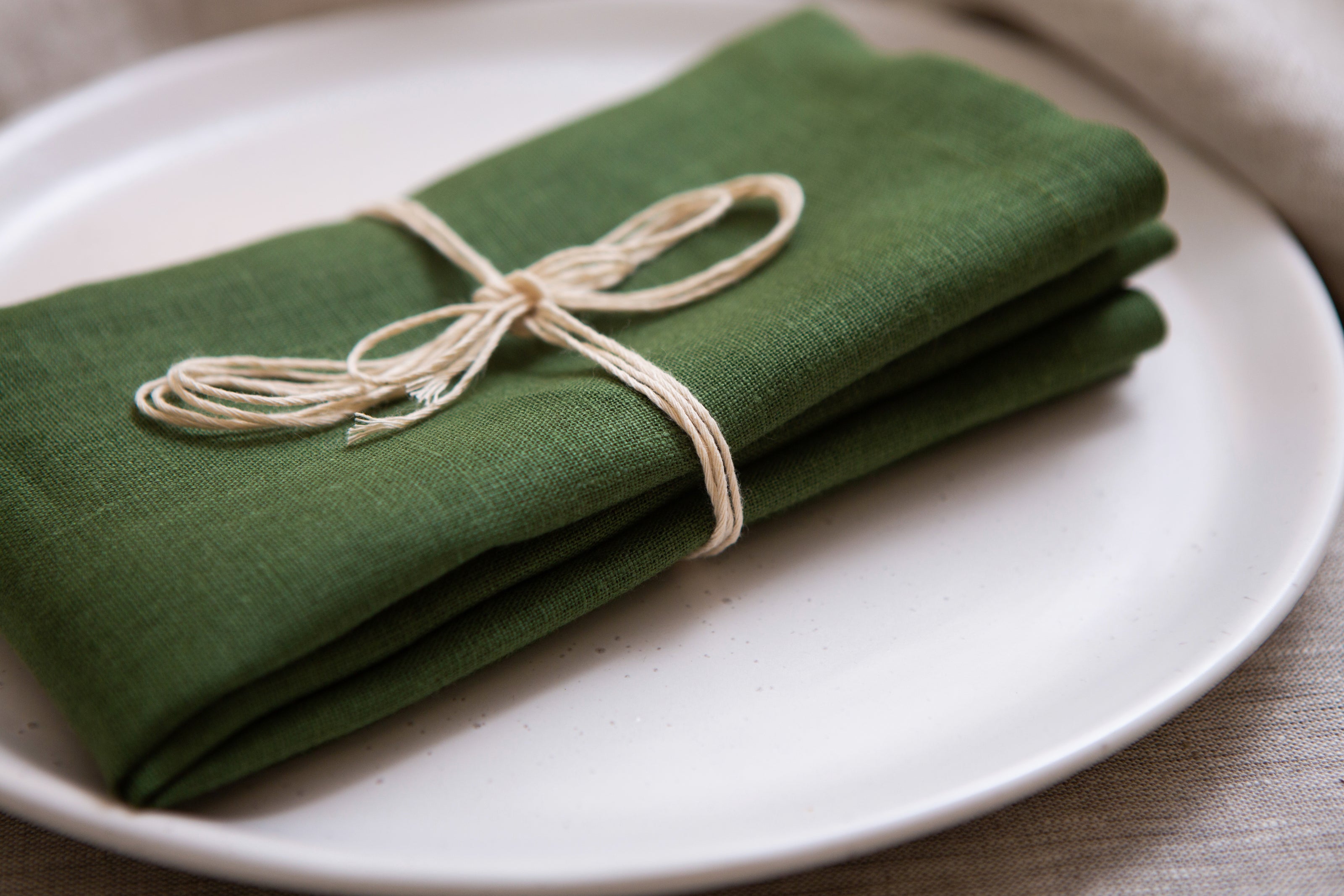 Lush green organic linen napkins with mitered corners—sophisticated, reusable, and eco-friendly. Perfect for festive occasions like Mother’s Day brunch or a warm Christmas dinner. A timeless gift for a sustainable home.