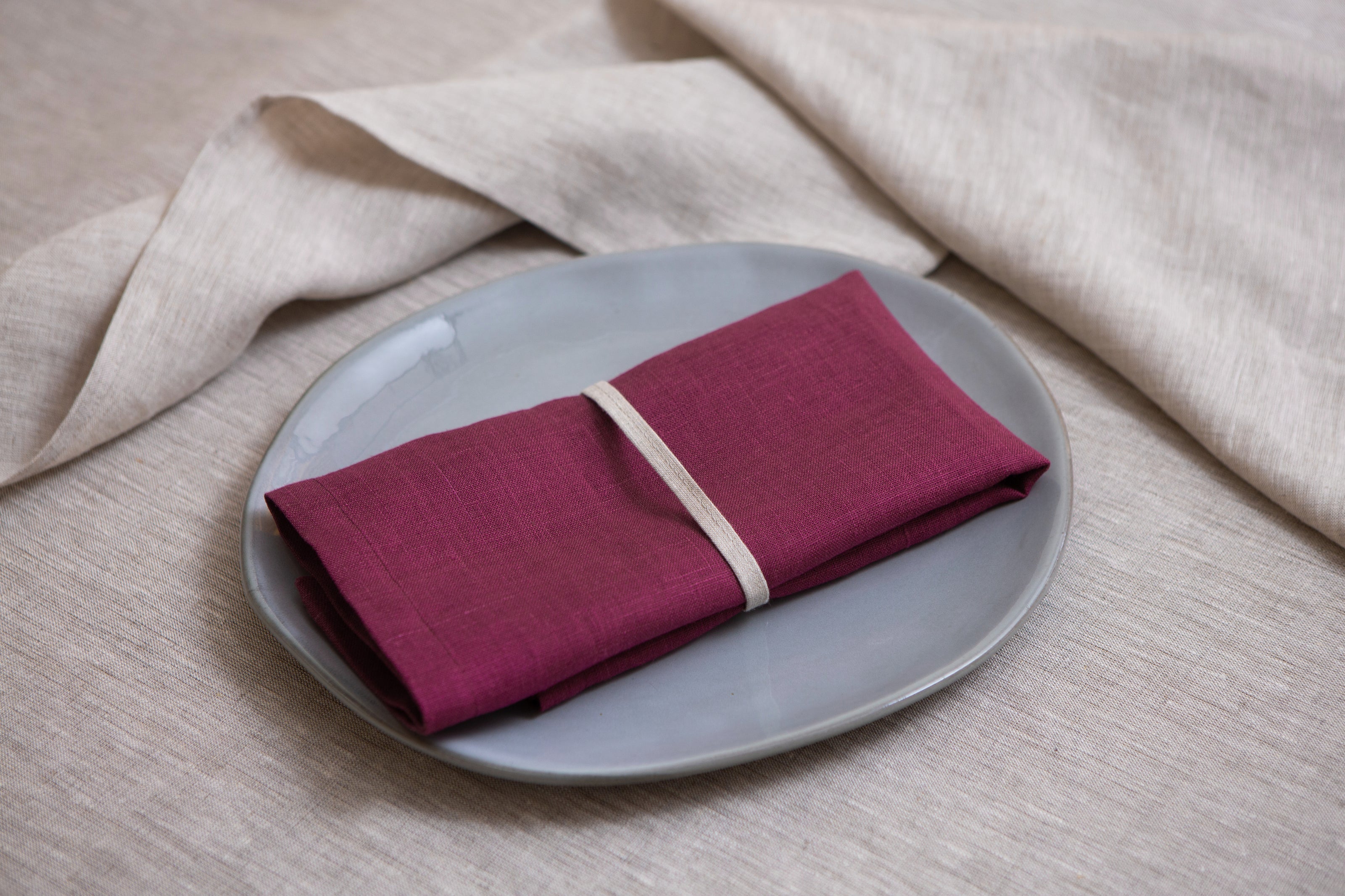 Plum organic linen napkins with mitered corners. Elegant, sustainable, and perfect for any dining occasion. Mother's day gift.