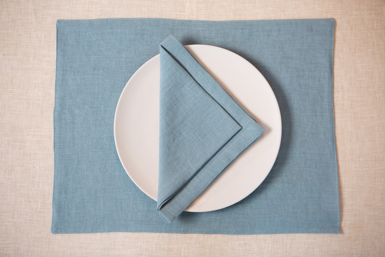 Teal organic linen placemats and napkins. Holiday home decor. Mother day gift. CoolLinen store. Eco-gifts.