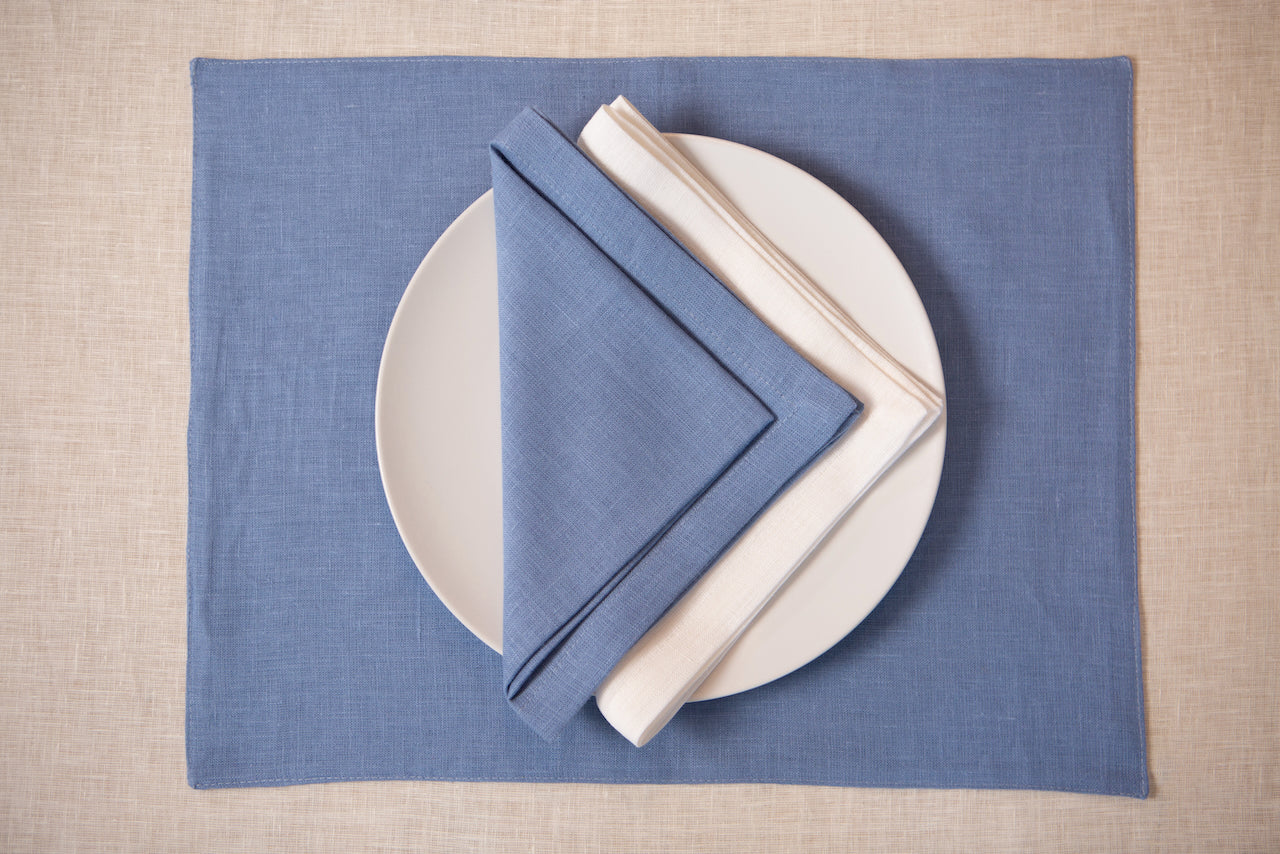 Dusty blue organic linen placemats and napkins. Holiday home decor. Mother day gift. CoolLinen store. Eco-gifts.