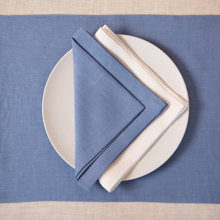 Dusty blue organic linen placemats and napkins. Holiday home decor. Mother day gift. CoolLinen store. Eco-gifts.
