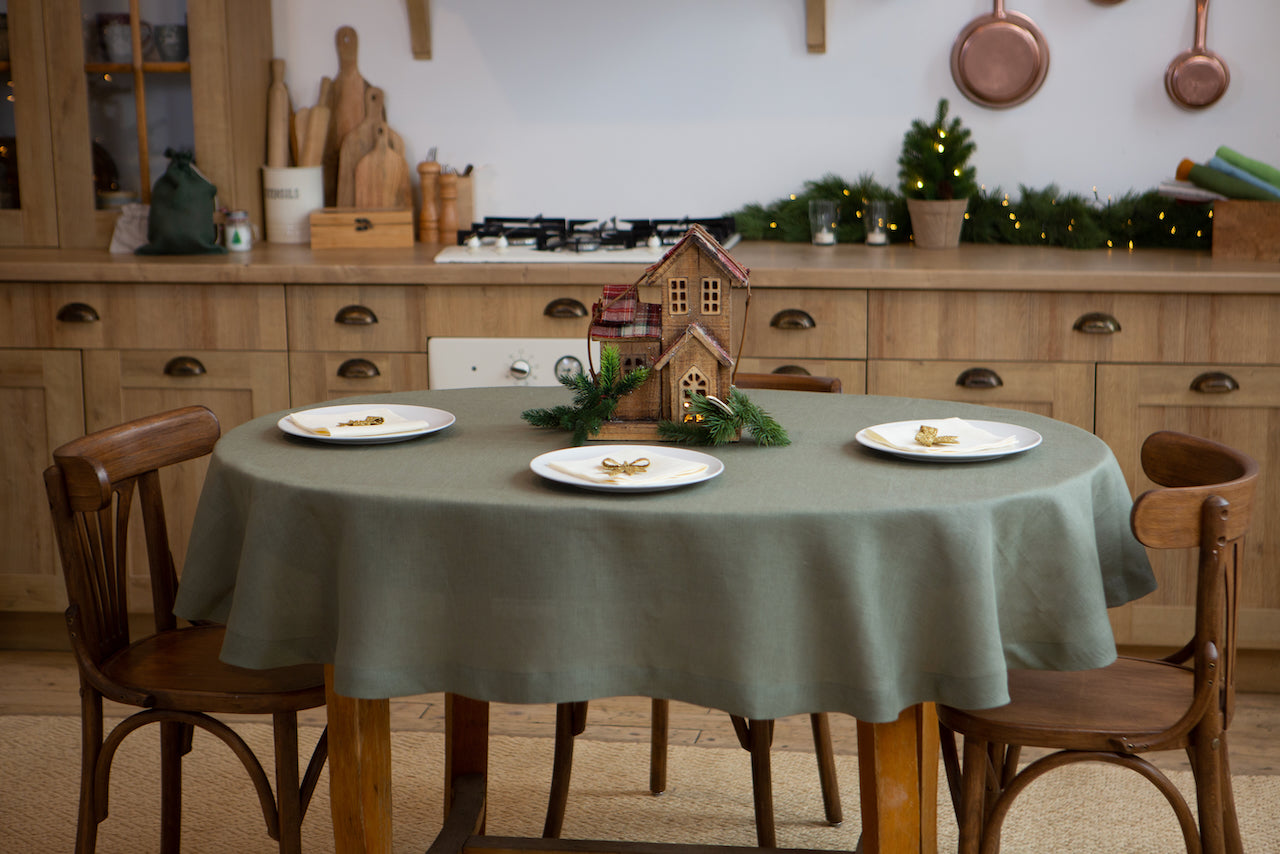 Sage organic linen tablecloth close-up