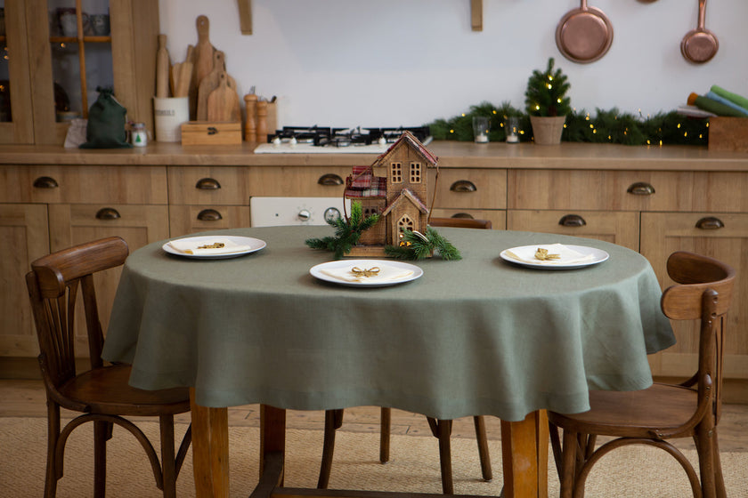 Sage organic linen tablecloth close-up