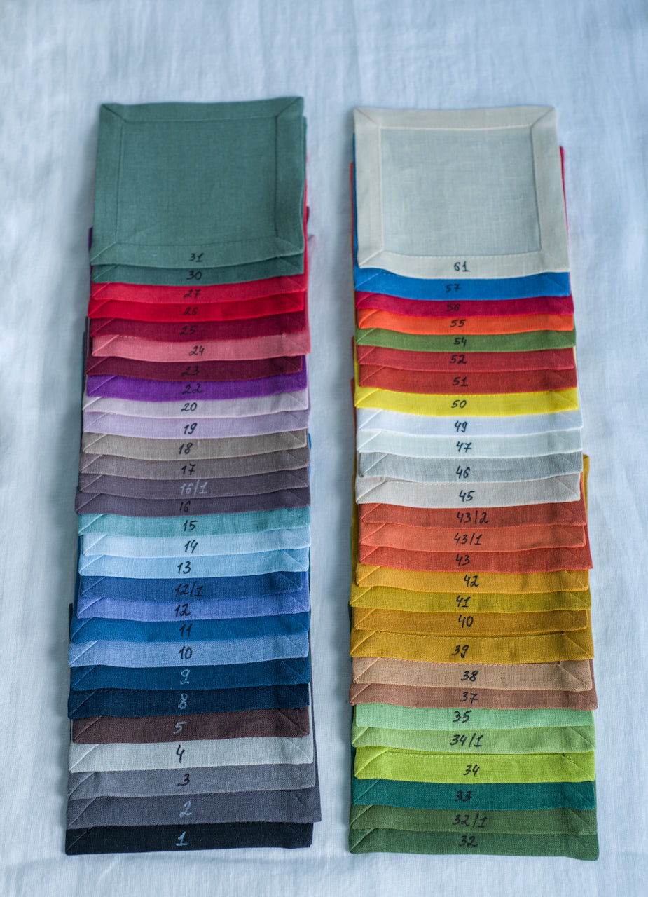 Linen fabric color samples made from organic flax, swatches for choosing table linens, wedding decor and custom orders