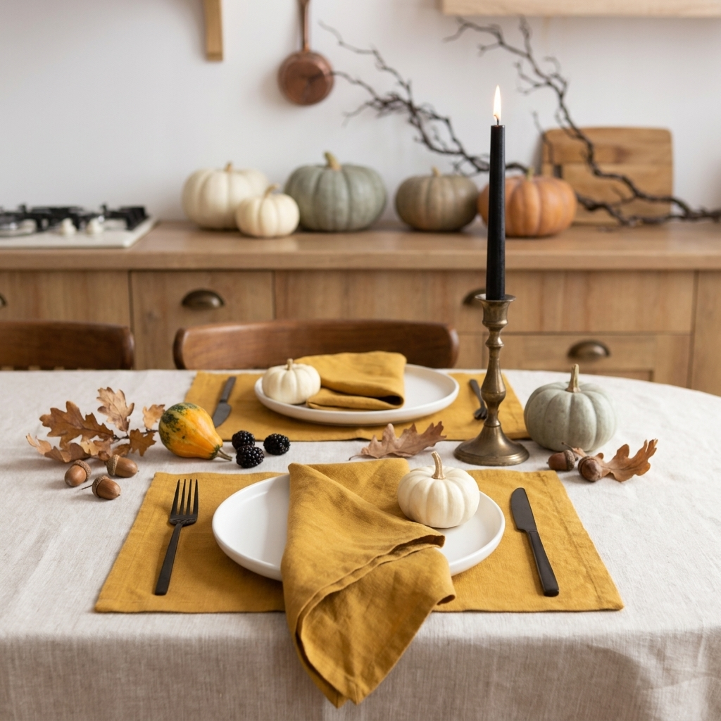 Mustard linen placemats and matching napkins on a Halloween dining table with pumpkins and a black taper candle