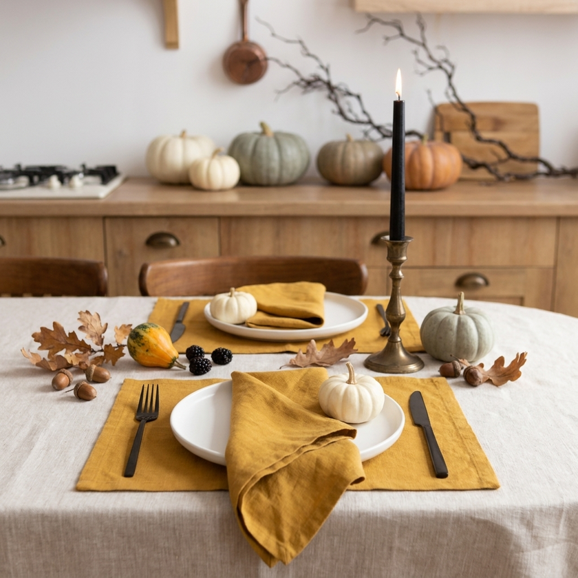 Mustard linen placemats and matching napkins on a Halloween dining table with pumpkins and a black taper candle
