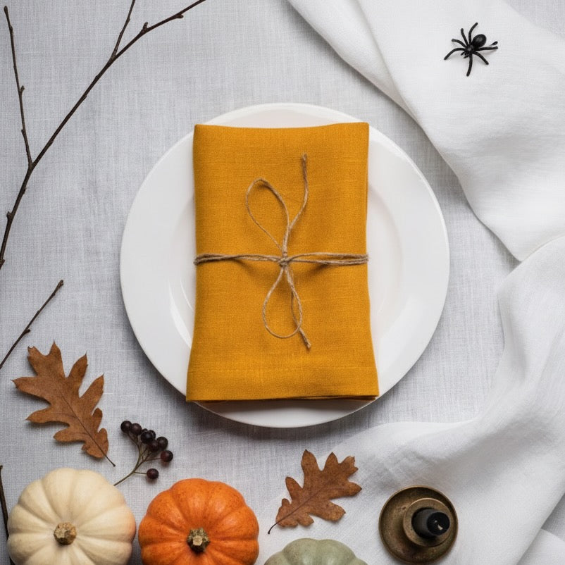 Folded mustard linen napkin with a twine bow, pumpkins and a decorative spider in a Halloween place setting