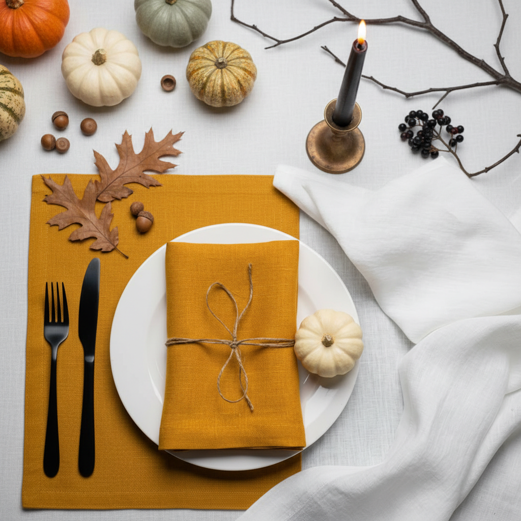 Mustard linen placemat with a twine-tied napkin, white plate and pumpkins for a Halloween table setting