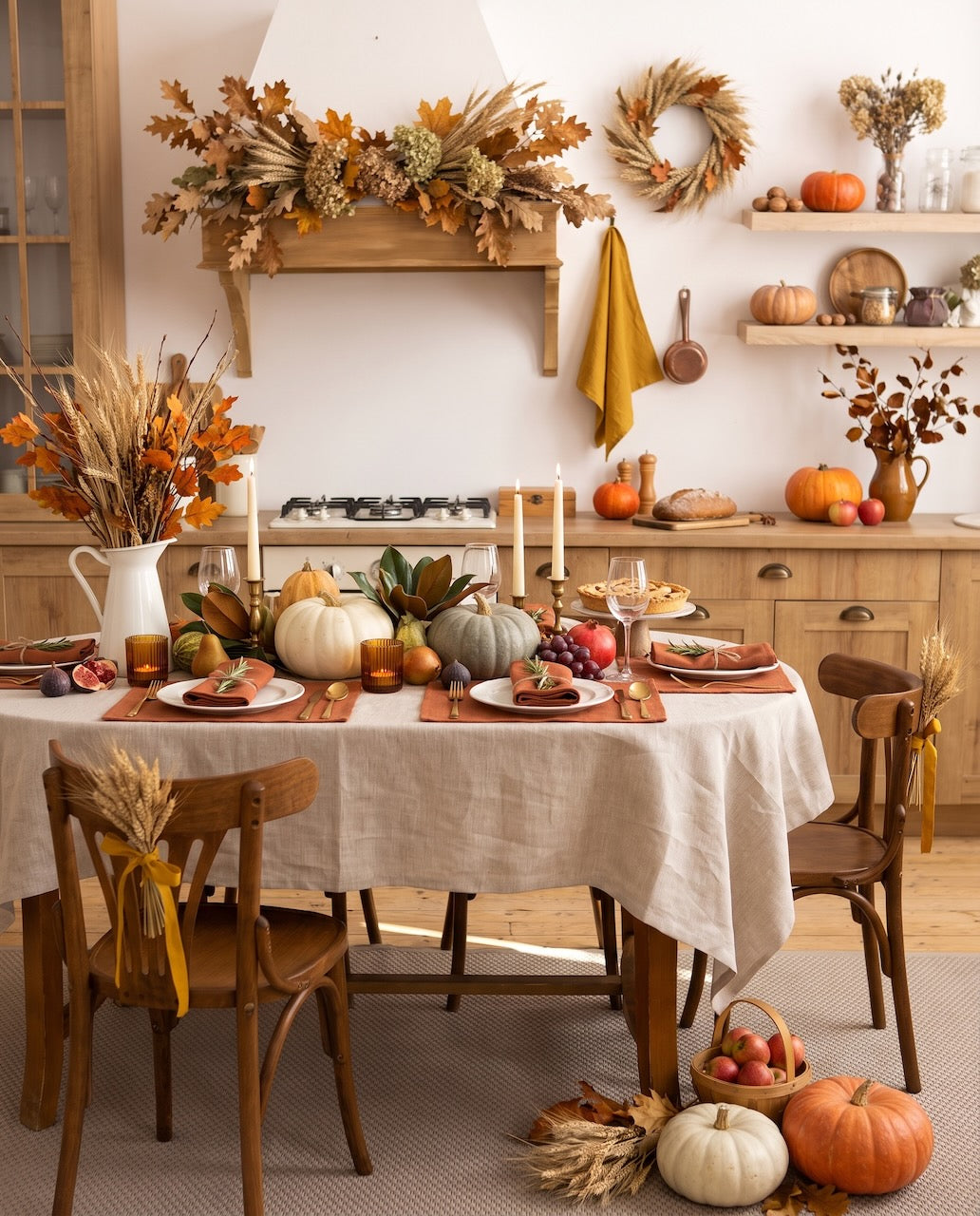 Terracotta linen placemats and napkins on a Thanksgiving dinner table with a natural linen tablecloth, pumpkins and candles – CoolLinen