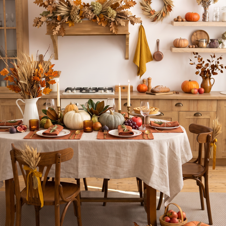 Thanksgiving table with a natural linen tablecloth, terracotta linen placemats and napkins, pumpkins and candles in a rustic kitchen – CoolLinen