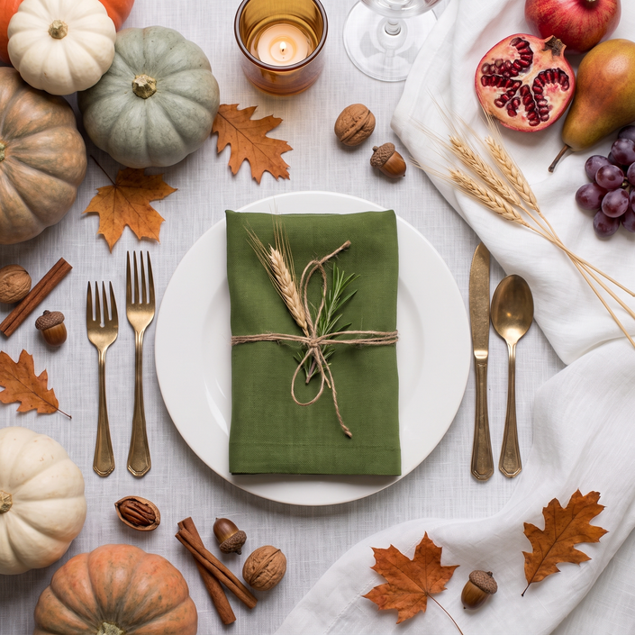 Green linen napkin tied with twine, wheat and rosemary on a white plate – Thanksgiving place setting with pumpkins, autumn leaves and gold cutlery – CoolLinen