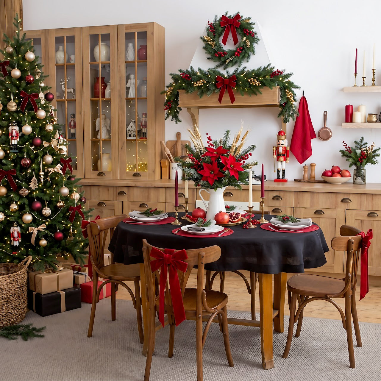 Black round linen tablecloth with red placemats, light linen napkins and candles in a Christmas table setting