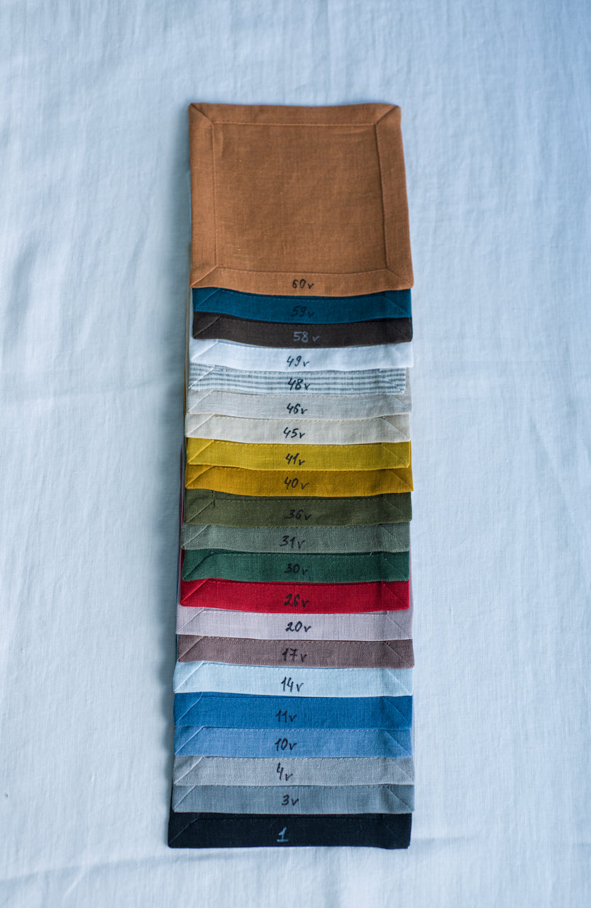 Organic linen fabric swatches in multiple colors, natural flax samples for choosing table linens, napkins and placemats