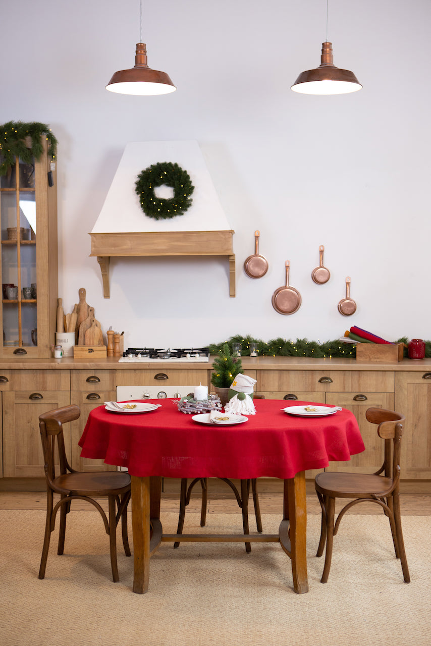 Classic red organic linen tablecloth, perfect for elegant dining, made from 100% eco-friendly linen, showcasing a timeless design for any occasion.