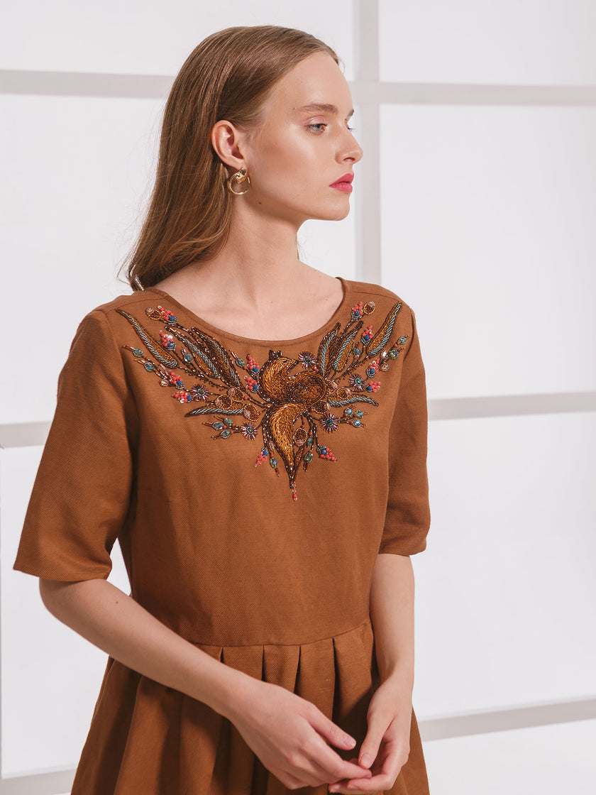 Hand-Embroidered Brown Linen-Silk Dress “Fox” (Exclusive Edition)