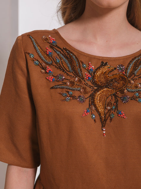 Hand-Embroidered Brown Linen-Silk Dress “Fox” (Exclusive Edition)