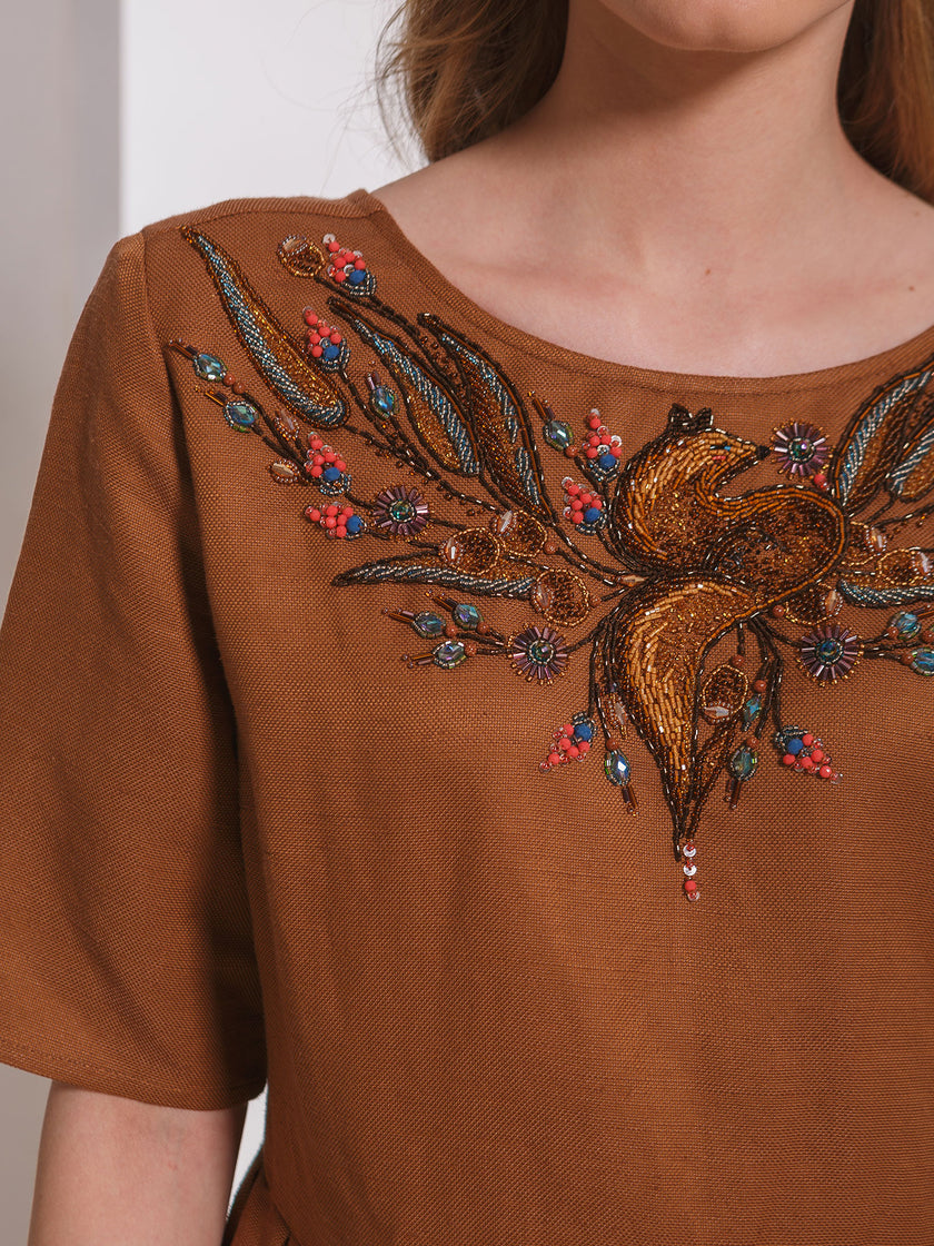 Hand-Embroidered Brown Linen-Silk Dress “Fox” (Exclusive Edition)