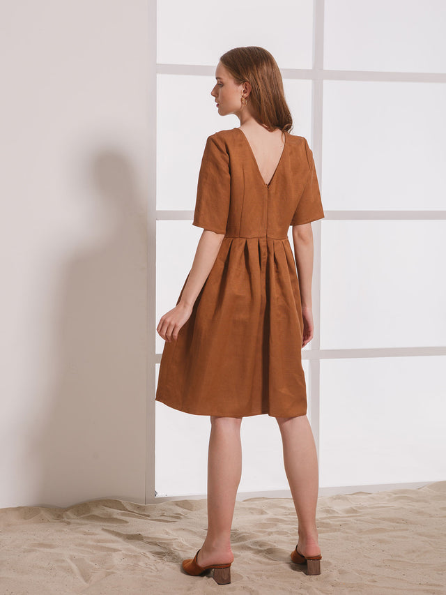 Hand-Embroidered Brown Linen-Silk Dress “Fox” (Exclusive Edition)