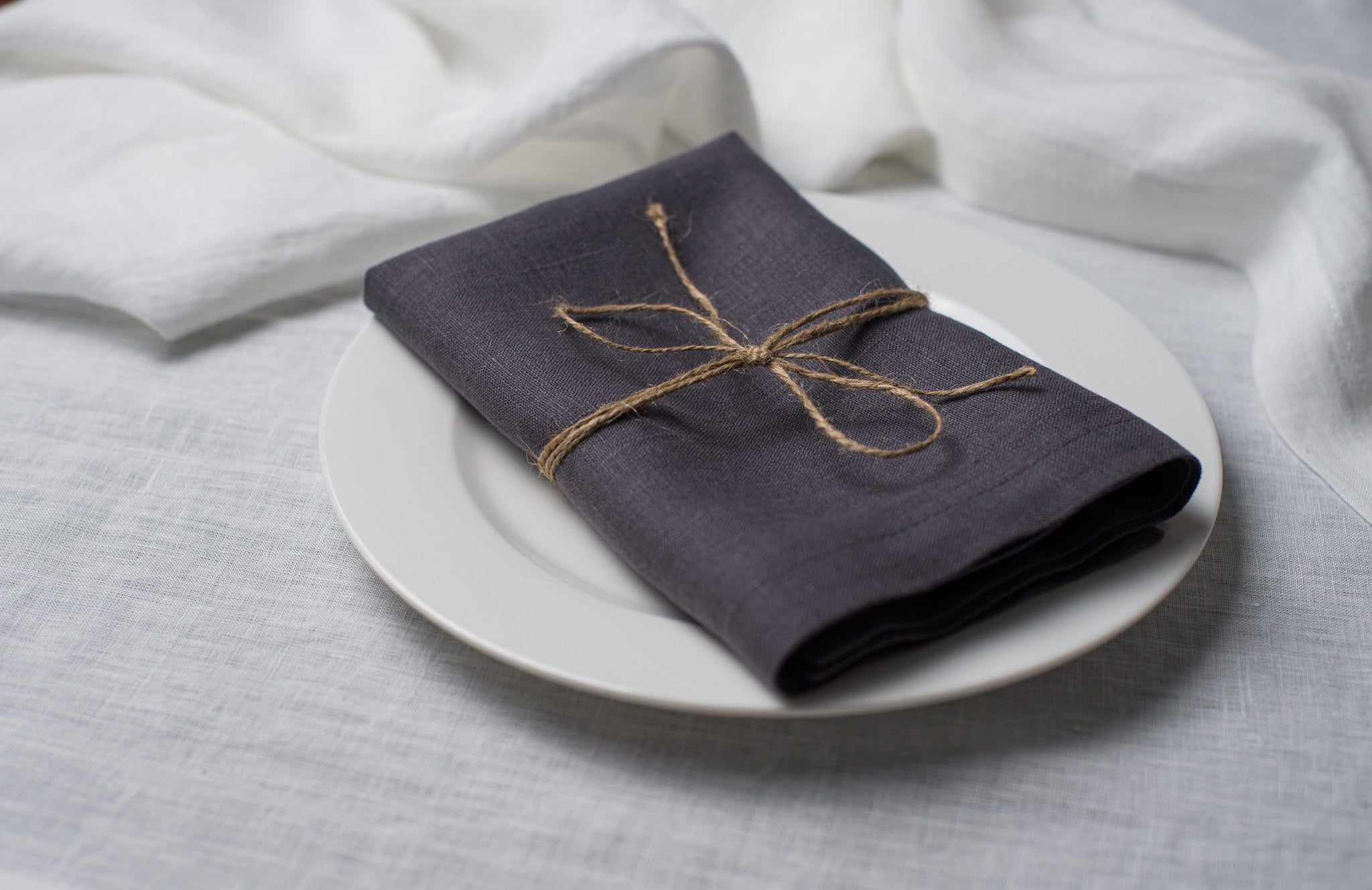 Slate linen napkin tied with jute twine on a white plate, side view