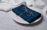 Blue linen napkin tied with jute twine on a white plate, side view