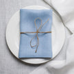Sky linen napkin tied with jute twine on a white plate