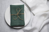 Basil linen napkin tied with jute twine on a white plate