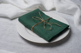 Hunter linen napkin tied with jute twine on a white plate, side view
