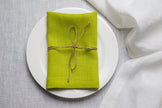 Lime linen napkin tied with jute twine on a white plate