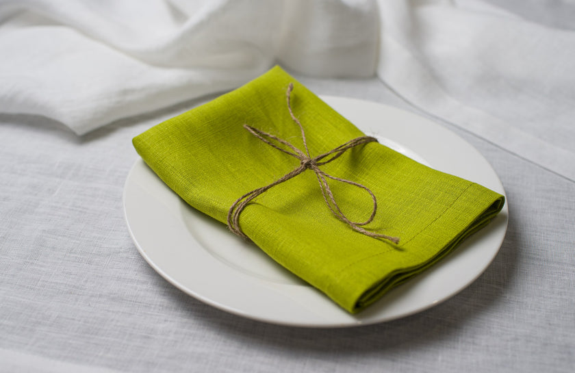 Lime linen napkin tied with jute twine on a white plate, side view
