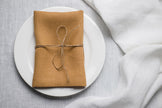 Honey linen napkin tied with jute twine on a white plate