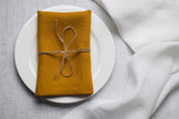 Dijon linen napkin tied with jute twine on a white plate