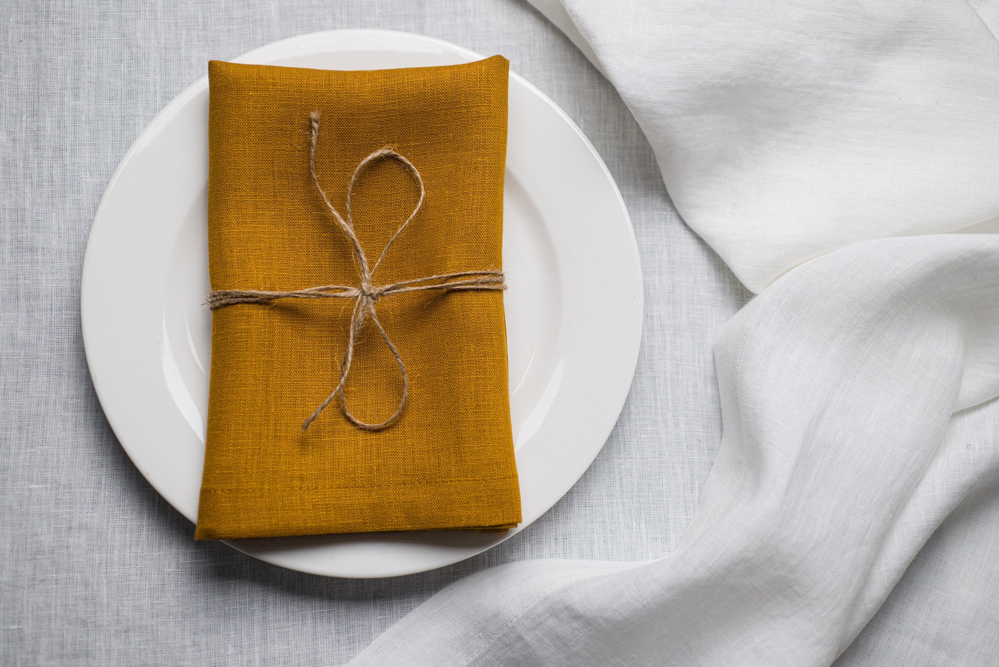 Dijon linen napkin tied with jute twine on a white plate