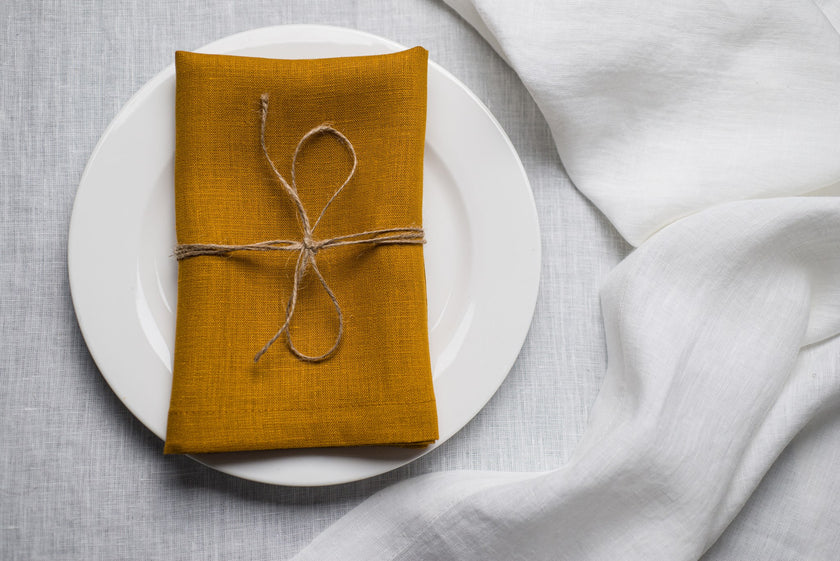 Dijon linen napkin tied with jute twine on a white plate
