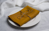 Dijon linen napkin tied with jute twine on a white plate, side view