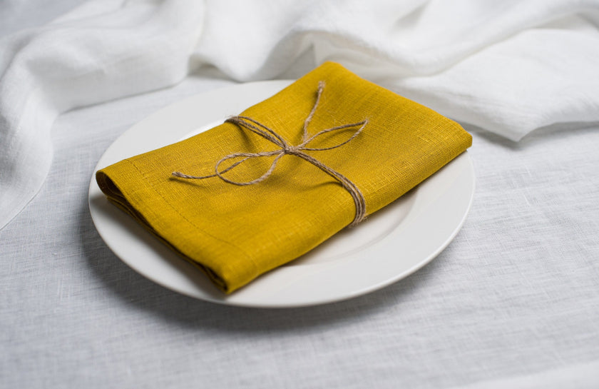 Corn linen napkin tied with jute twine on a white plate, side view